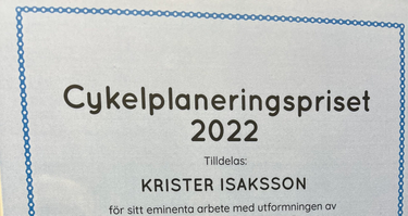 Tumnagelbild för Jag har fått Svenska Cykelstäders cykelplaneringspris!